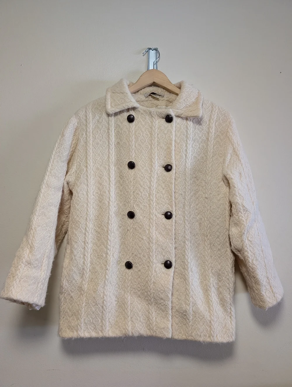 Boyne Valley Weavers Wool Coat Ireland Cream Double Breasted M